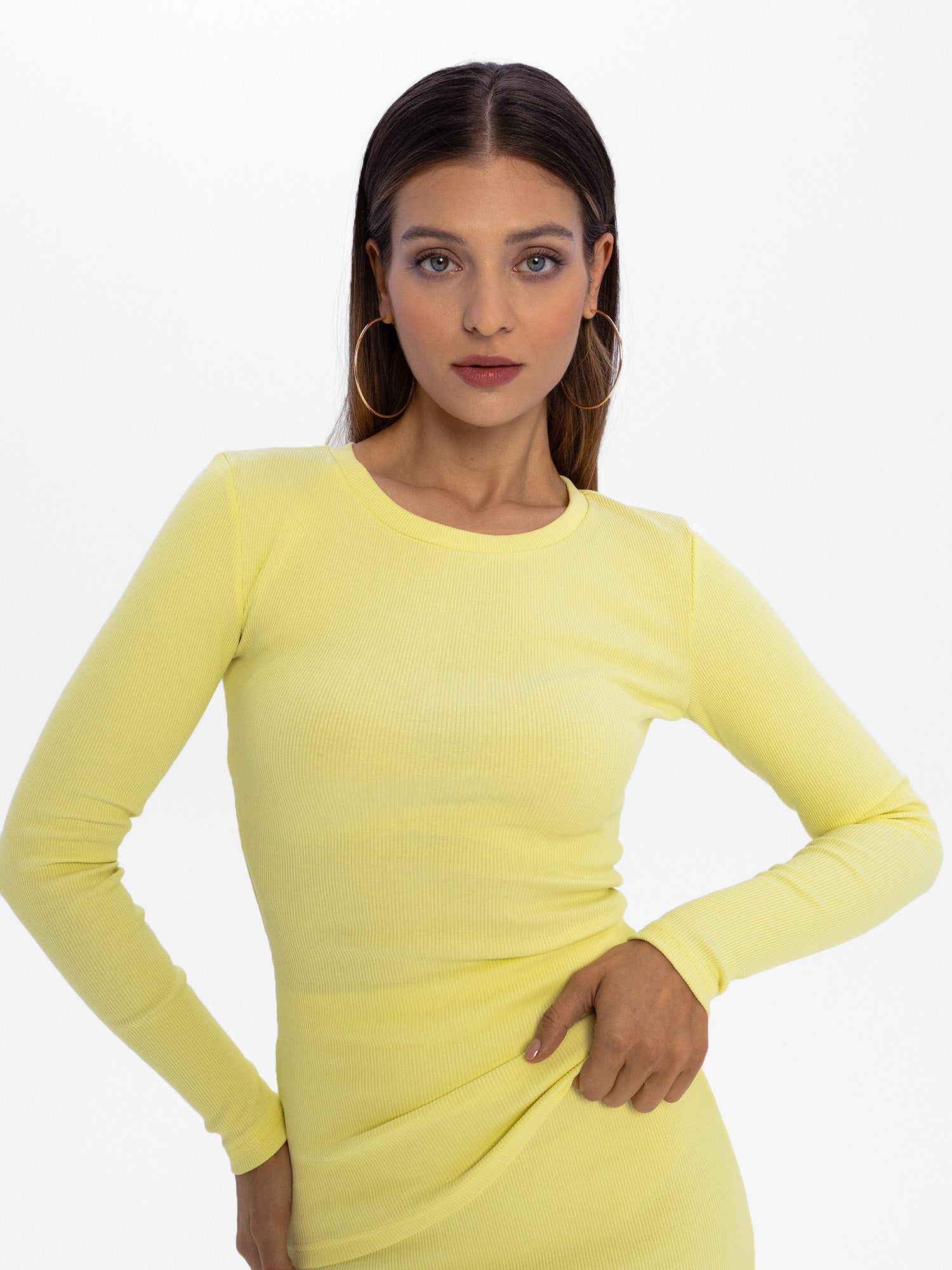Eos - prążkowany top basic z długim rękawem - BUTTER YELLOW