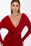 prążkowana sukienka midi wyszczuplająca sylwetkę z kopertowym dekoltem "Red"