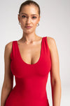 czerwona długa do kostek klasyczna sukienka maxi z okrągłym i głębokim dekoltem "Red"