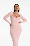 dopasowana sukienka za kolano z prążkowanej bawełny z przewiązywanym głębokim dekoltem "Pink"