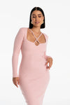 dopasowana sukienka za kolano z prążkowanej bawełny z przewiązywanym głębokim dekoltem "Pink"
