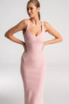 lekko modelująca bawełniana sukienka z prążka z dekoltem w serce na lato "Pink"