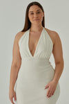 biała sukienka midi ze ściągacza z dekoltem v "Ecru"