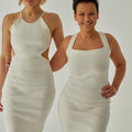 biała ściągaczowa sukienka midi z odkrytymi plecami "Ecru"